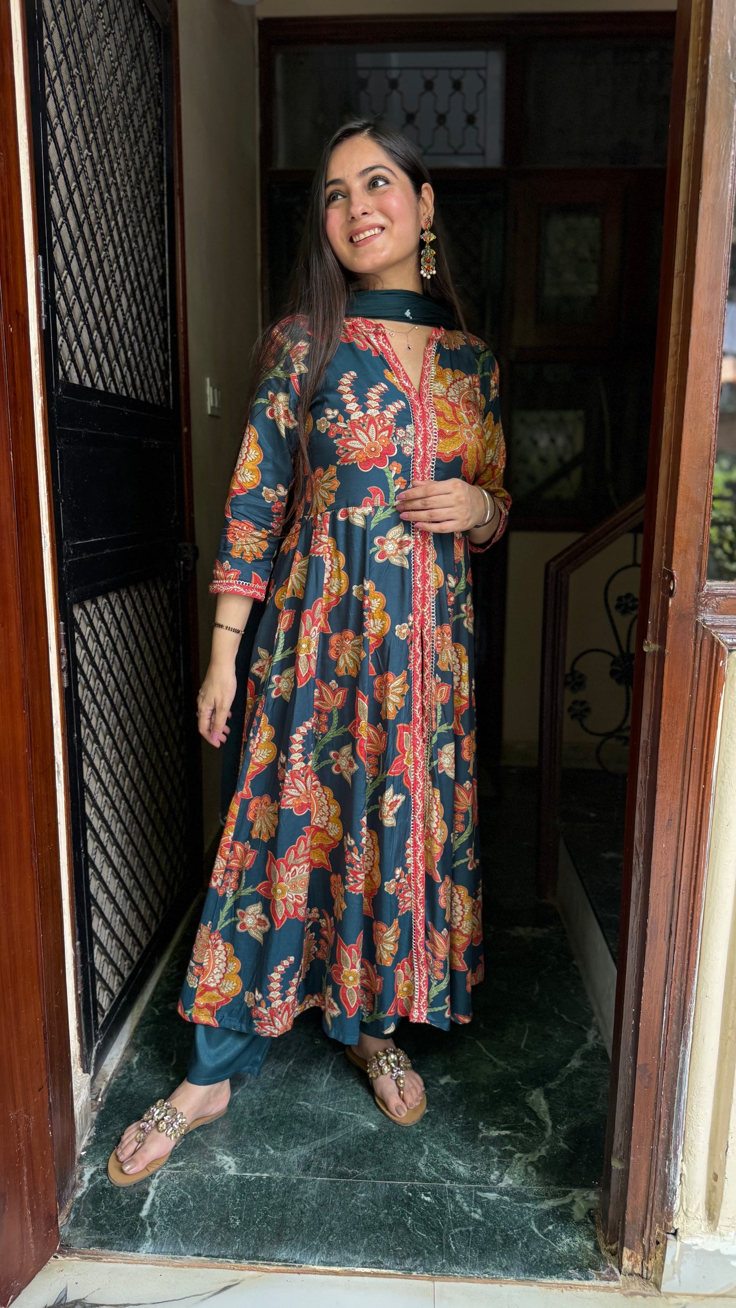 Komal Teal Muslin Anarkali Suit