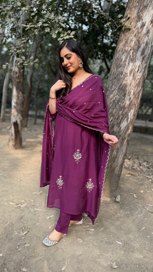 Isha Wine Mul Chanderi A-Line Suit