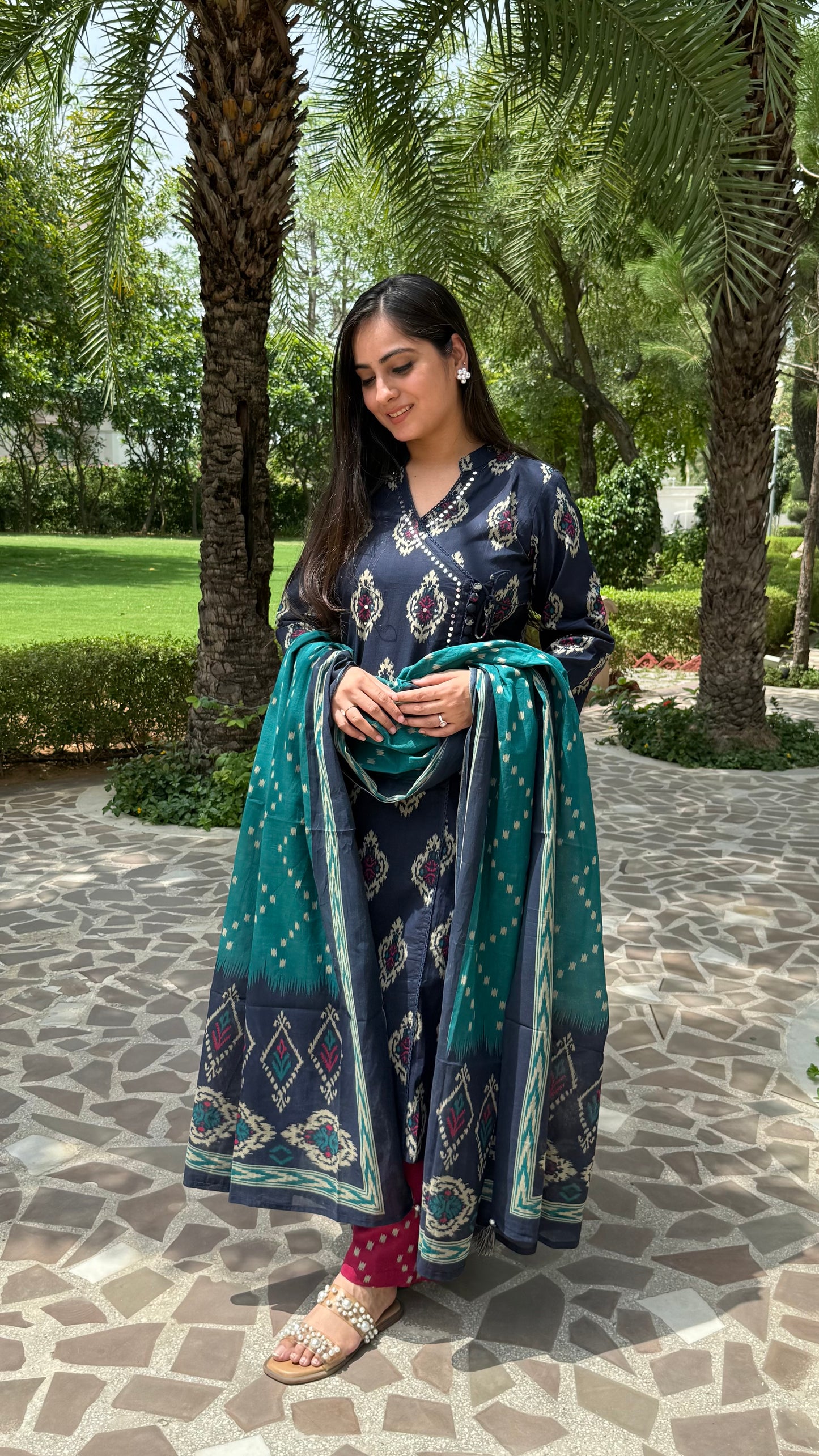 Ikkat Blue Wrap-Style Suit Set