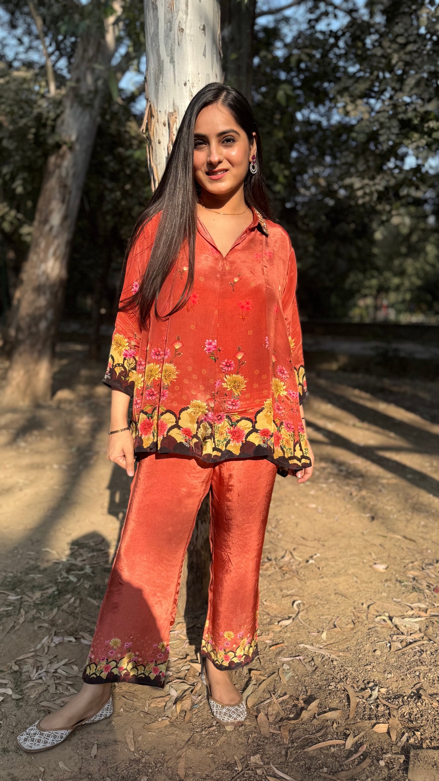 Alisha Brick Orange Flared Coord Set