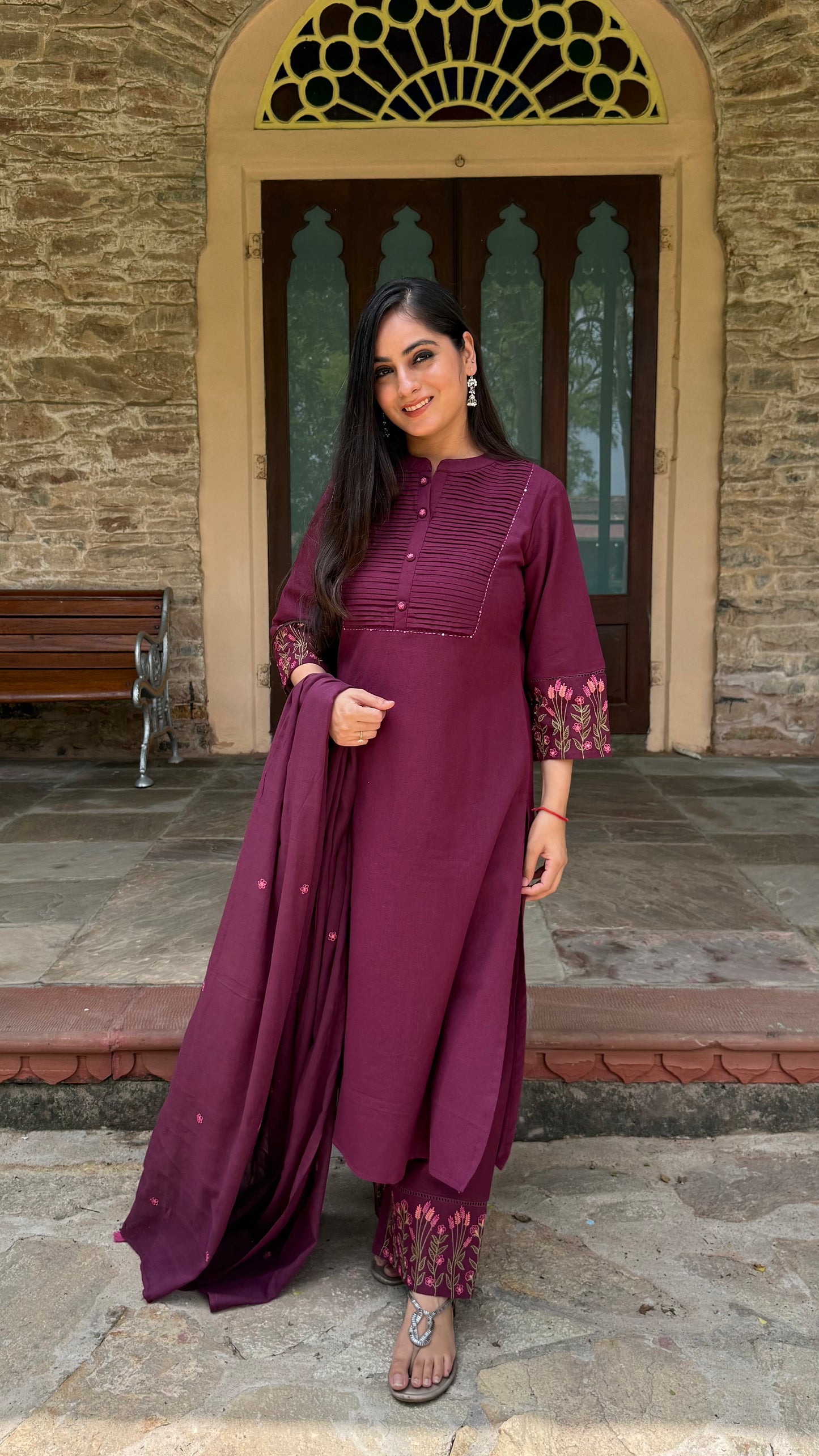 Meher Wine Pintuck Suit