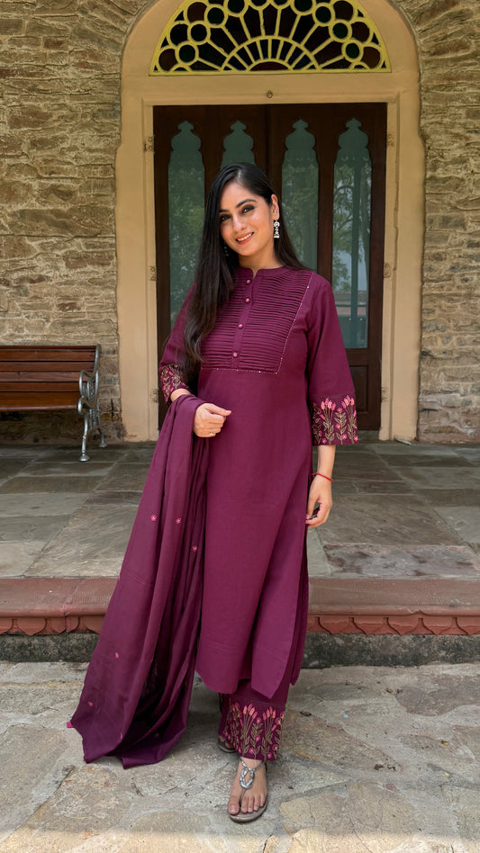 Meher Wine Pintuck Suit