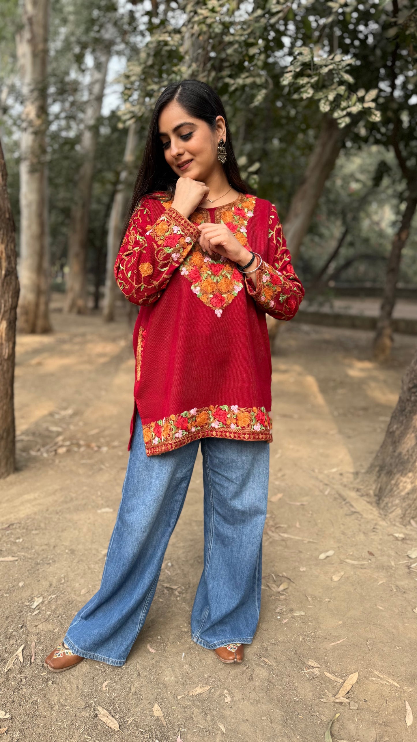 Ayesha Cherry Red Phiran Embroidered Top