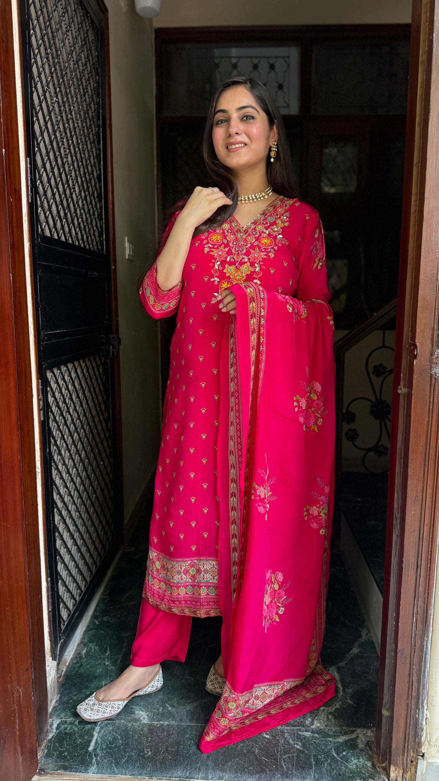 Rani Pink Crepe Embroidered Suit