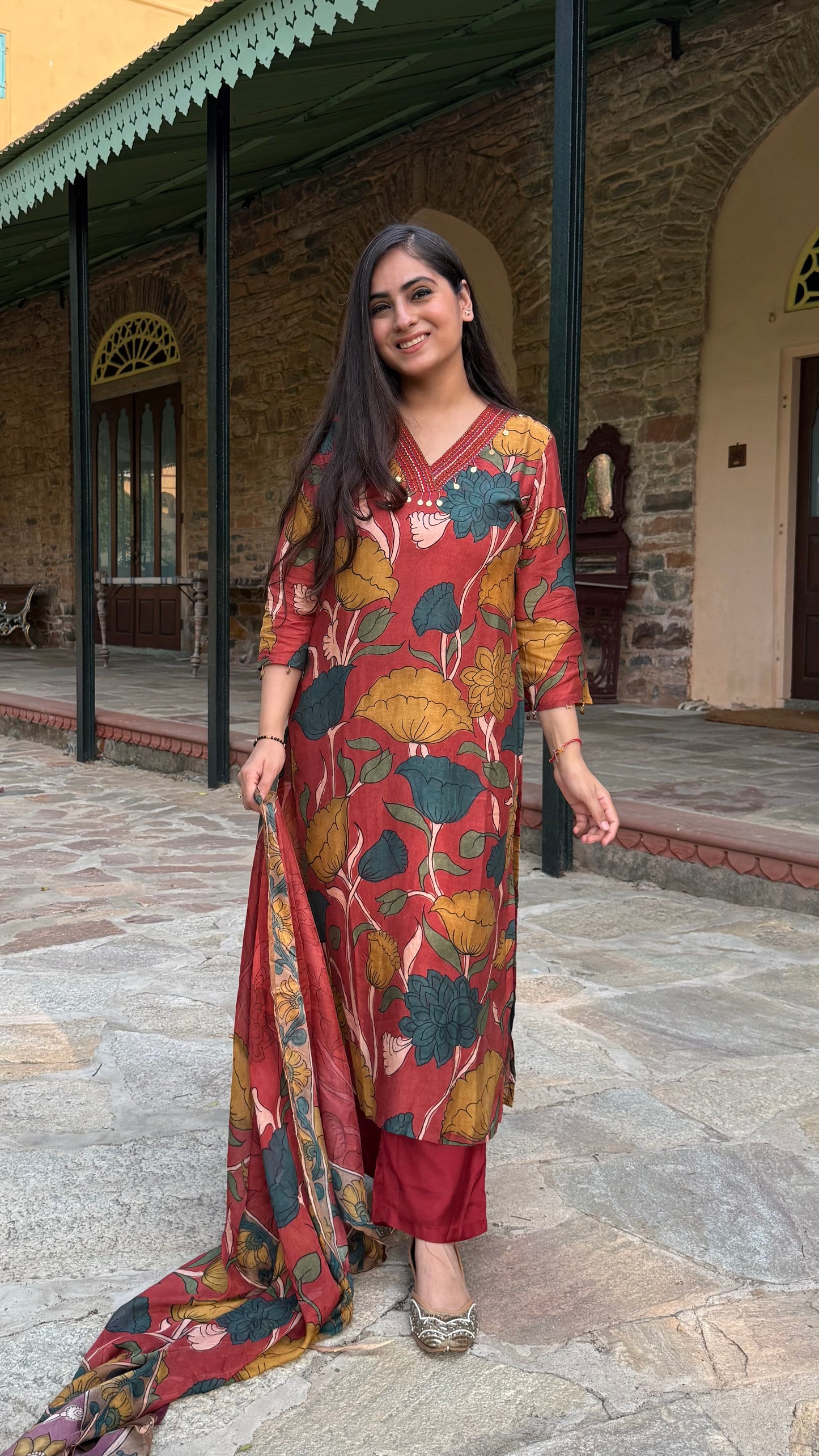 Kalamkari Rust Floral Suit Set