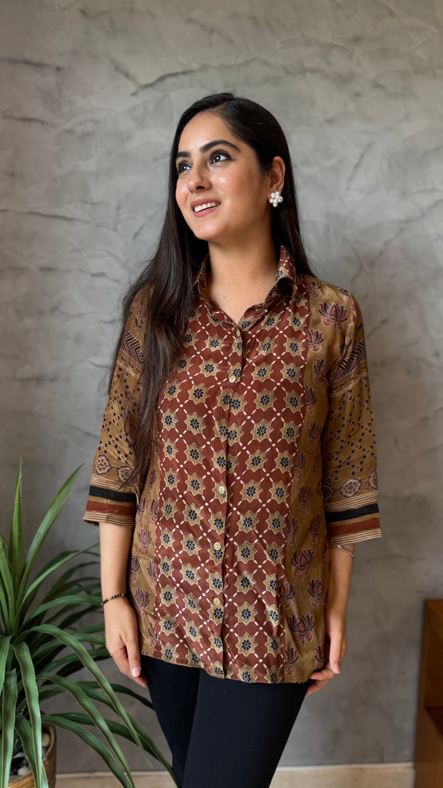 Brown Floral Printed Button-Down Top