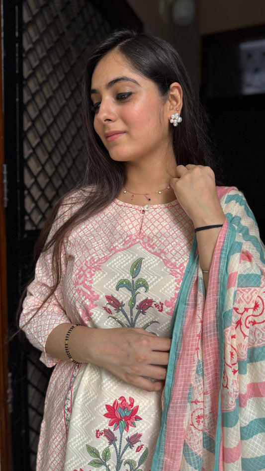 Fiza Cream Pink Printed Suit