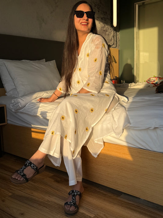 Sunflower White Mul Coord Set