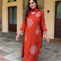 Orange Floral Embroidered Suit Set