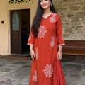Orange Floral Embroidered Suit Set