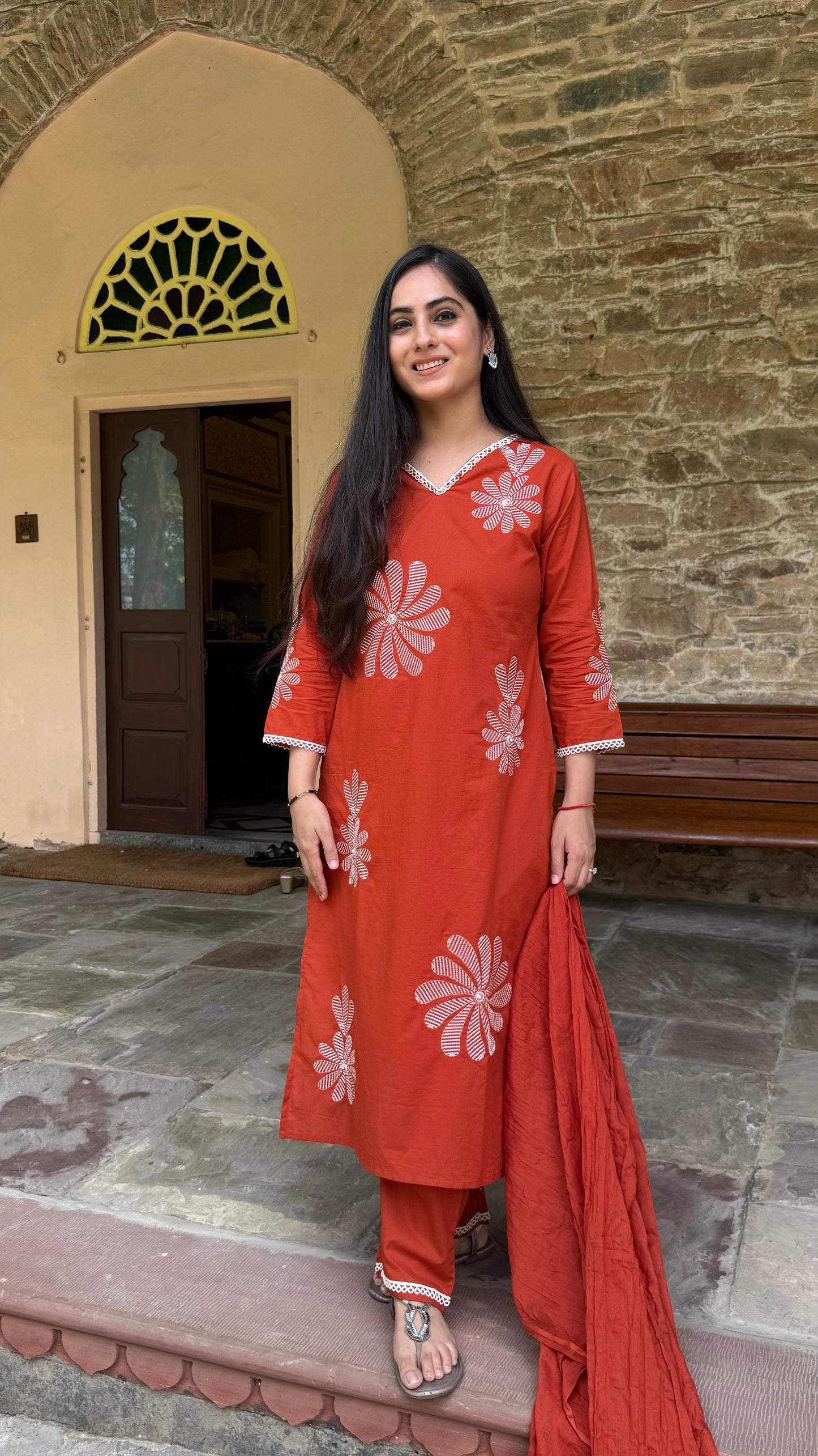 Orange Floral Embroidered Suit Set