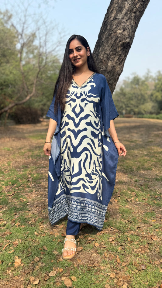 Rehmat Blue Muslin Kaftan Set