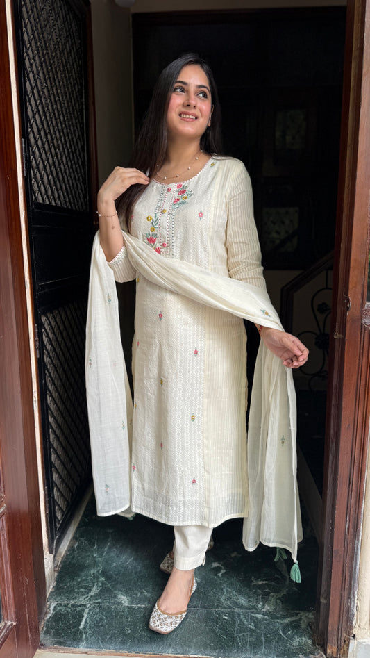 Ruhi Cream Schiffli Suit