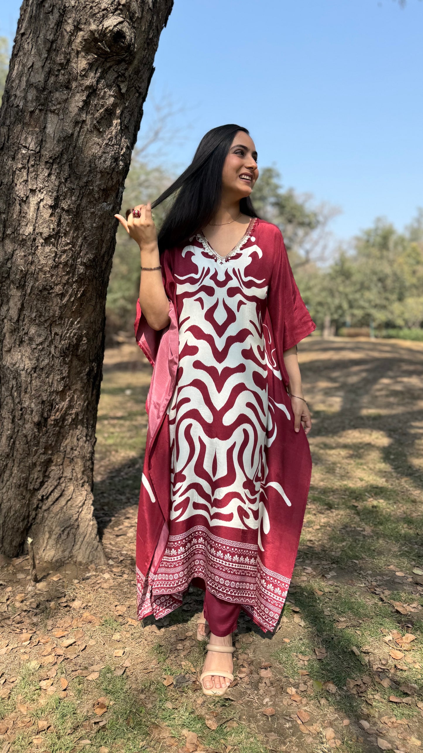 Rehmat Maroon Muslin Kaftan Set