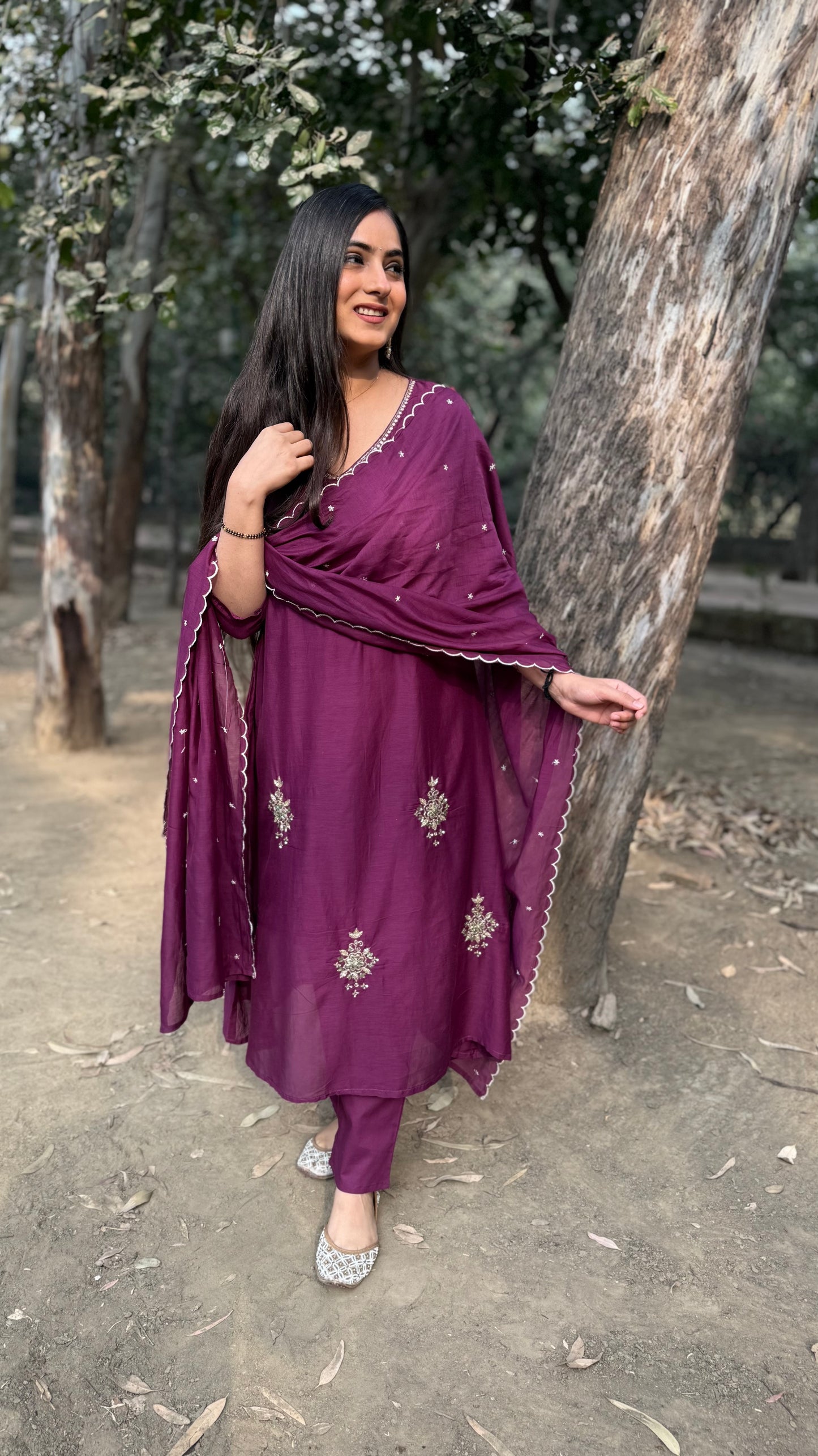 Isha Wine Mul Chanderi A-Line Suit