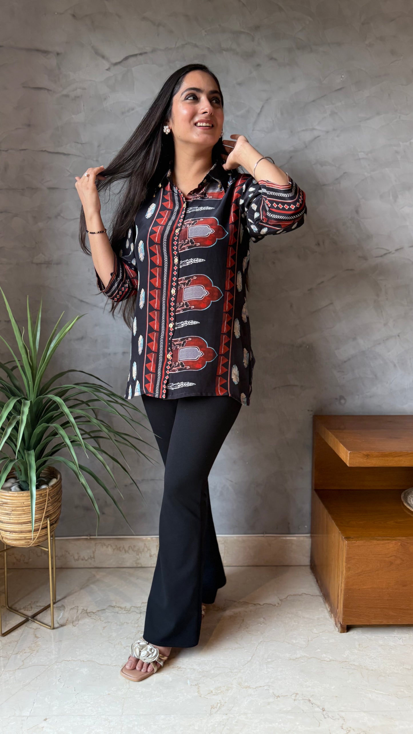 Midnight Printed Button-Down Top