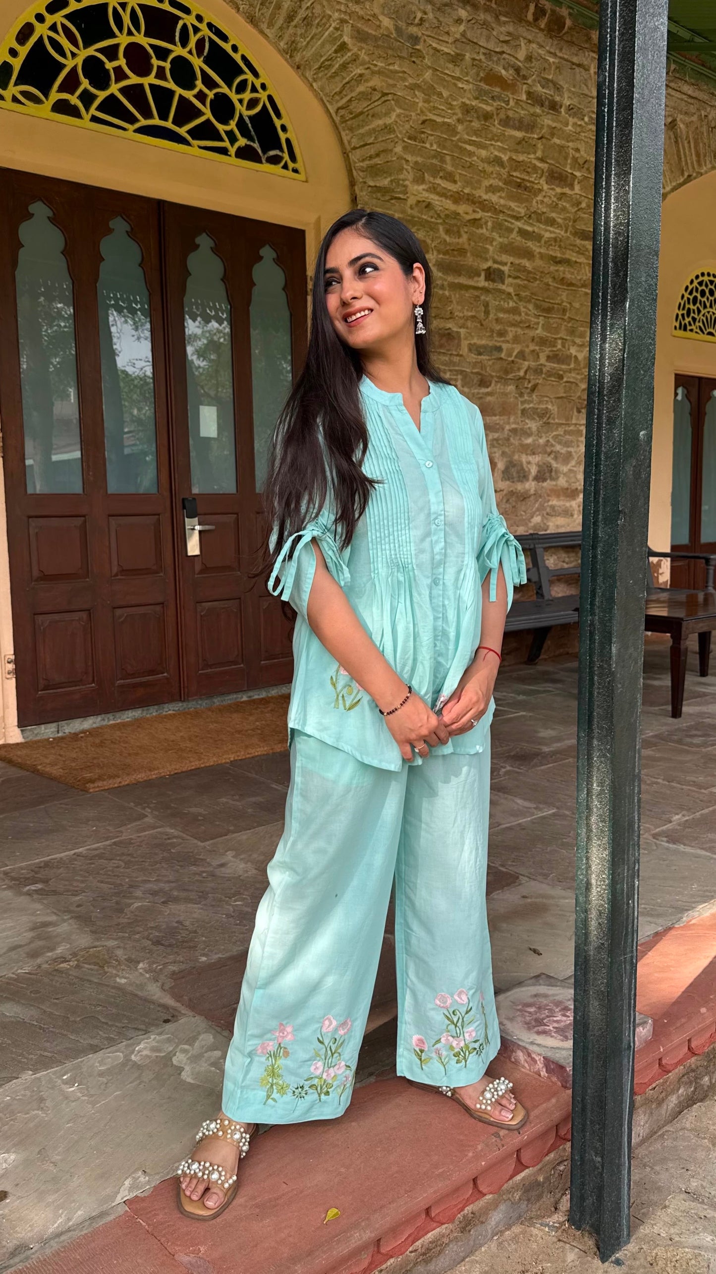Mint Pintuck Embroidered Co-ord Set