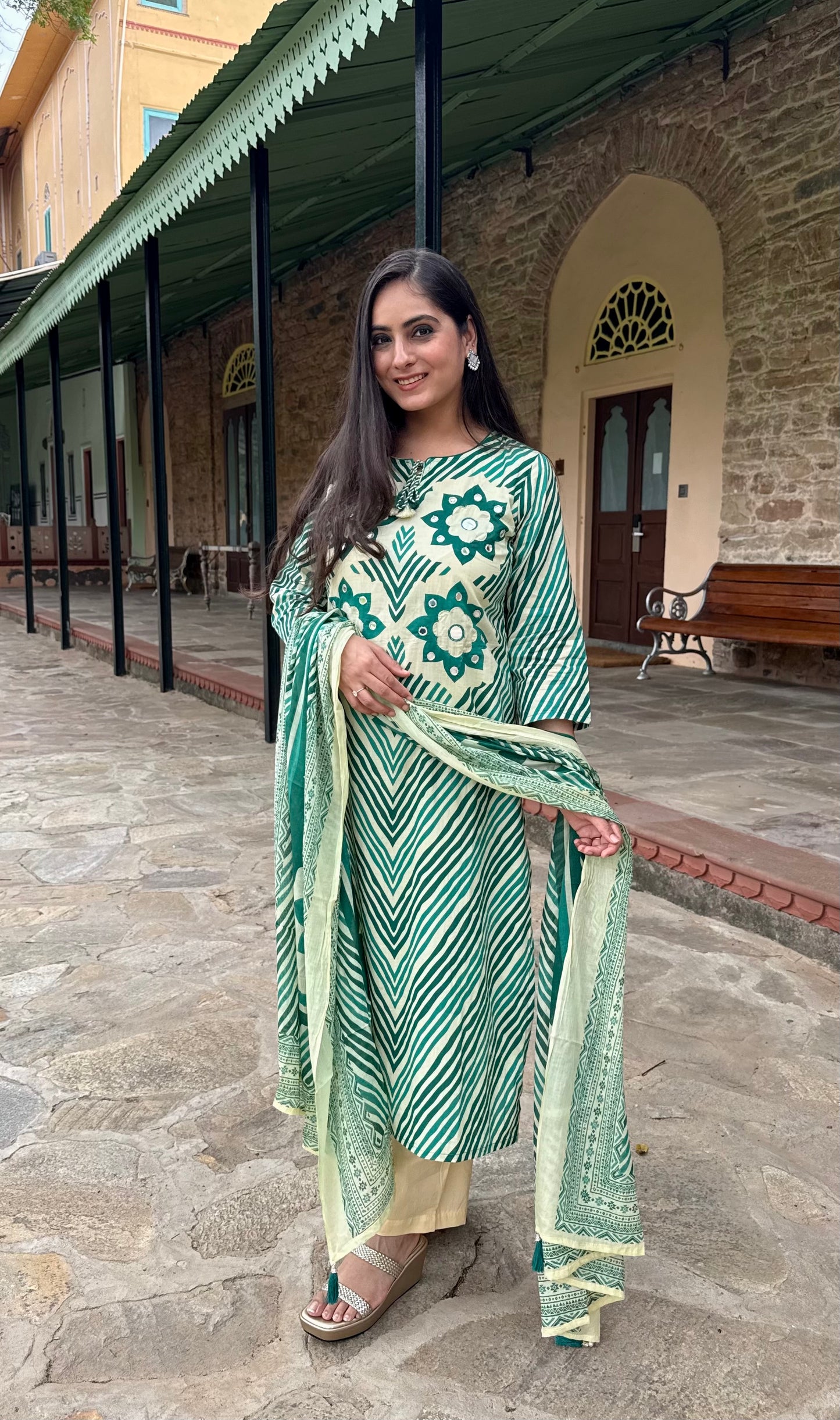 Naina Green Mirror Stripes Suit