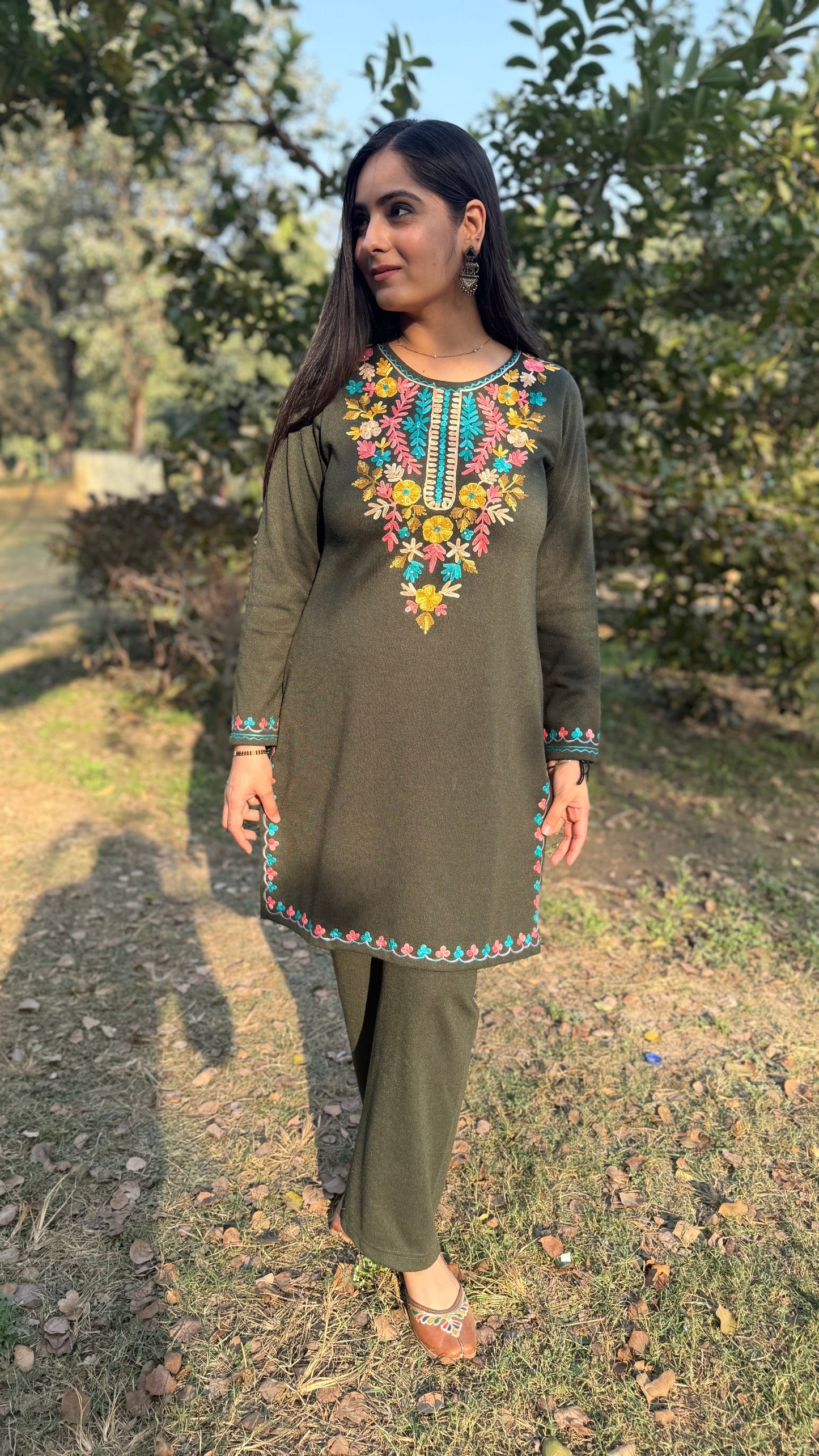 Komal Olive Green Embroidered Coord Set