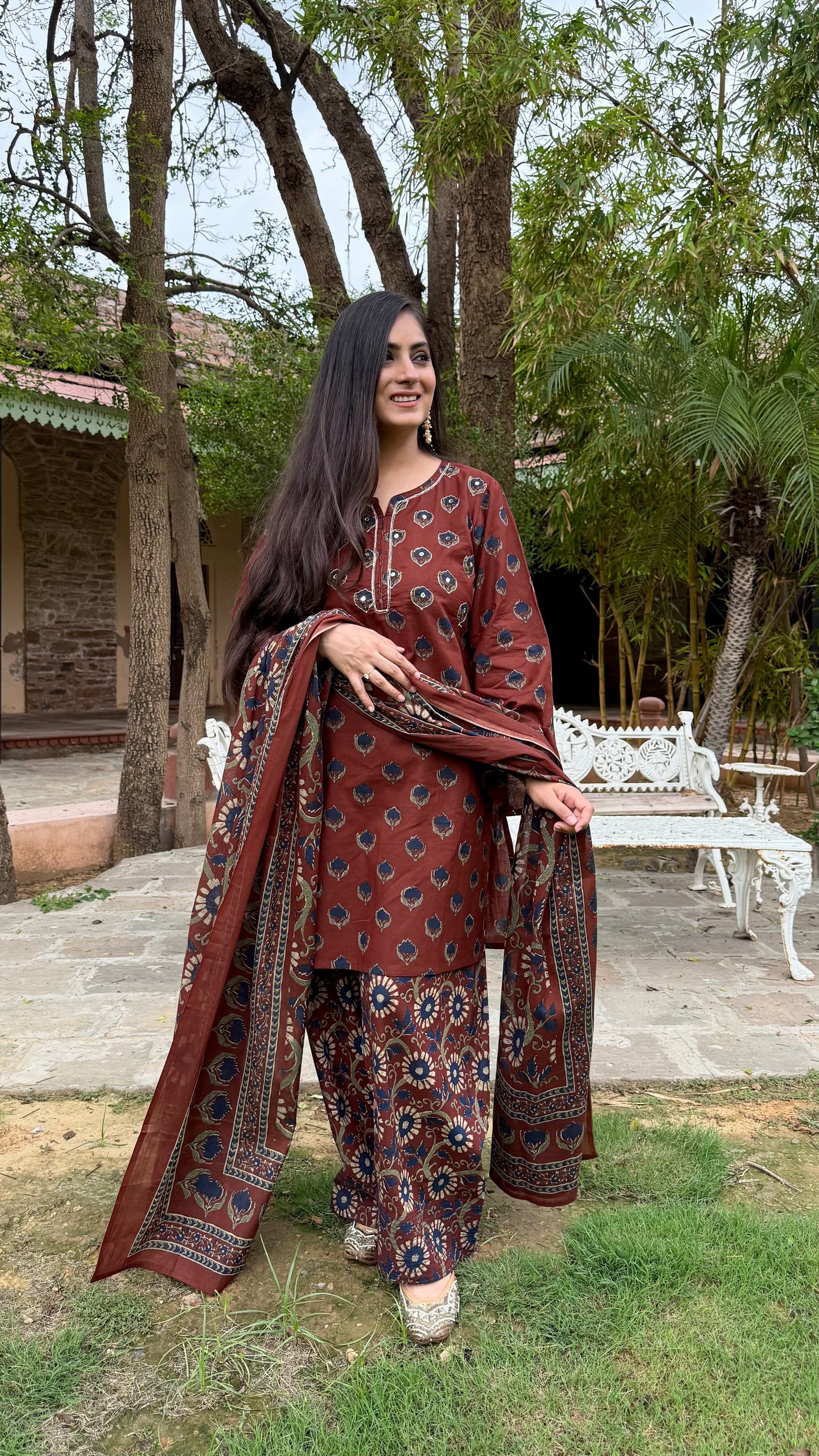 Earthy Rust Floral Farshi Suit
