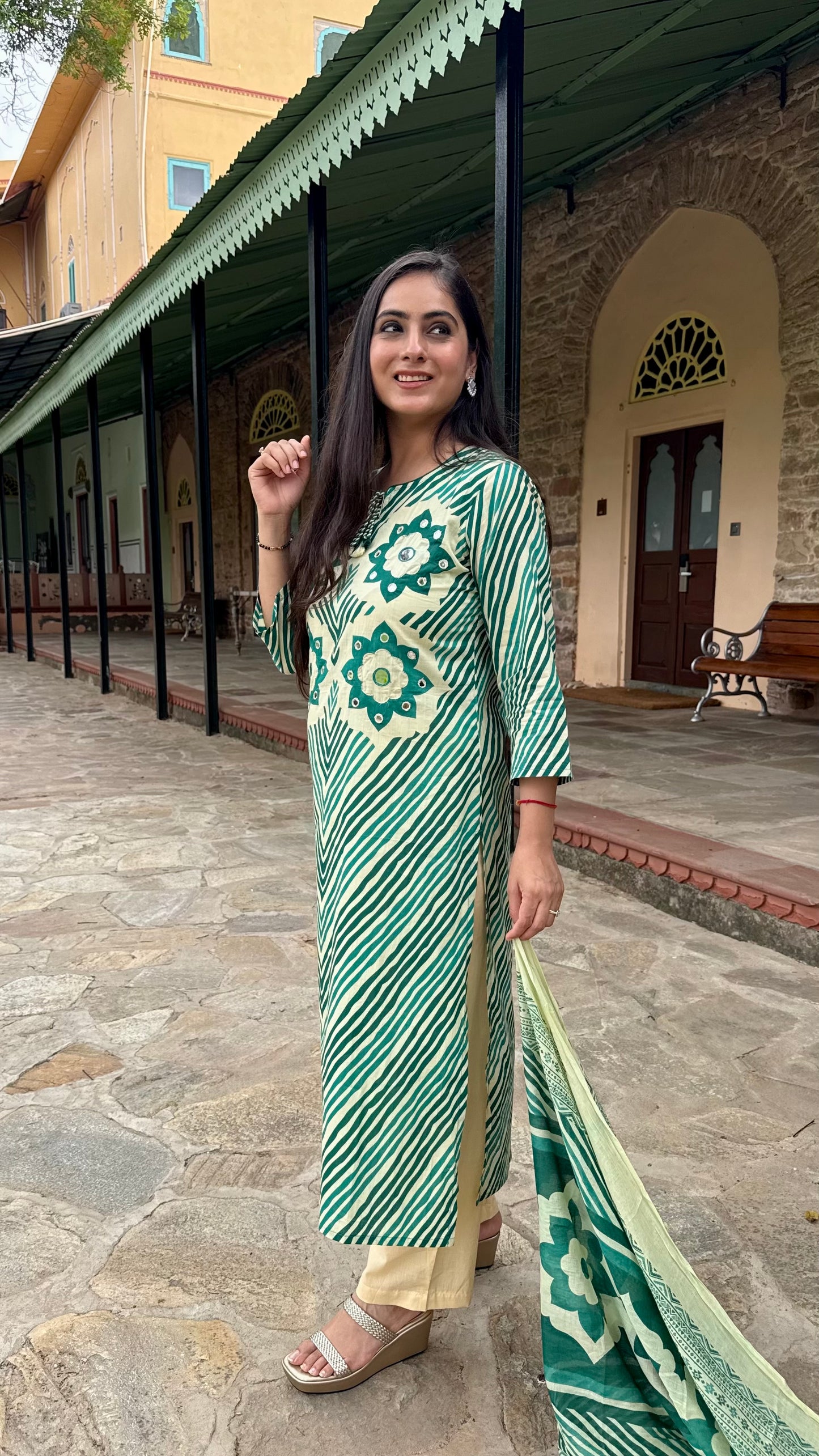 Naina Green Mirror Stripes Suit