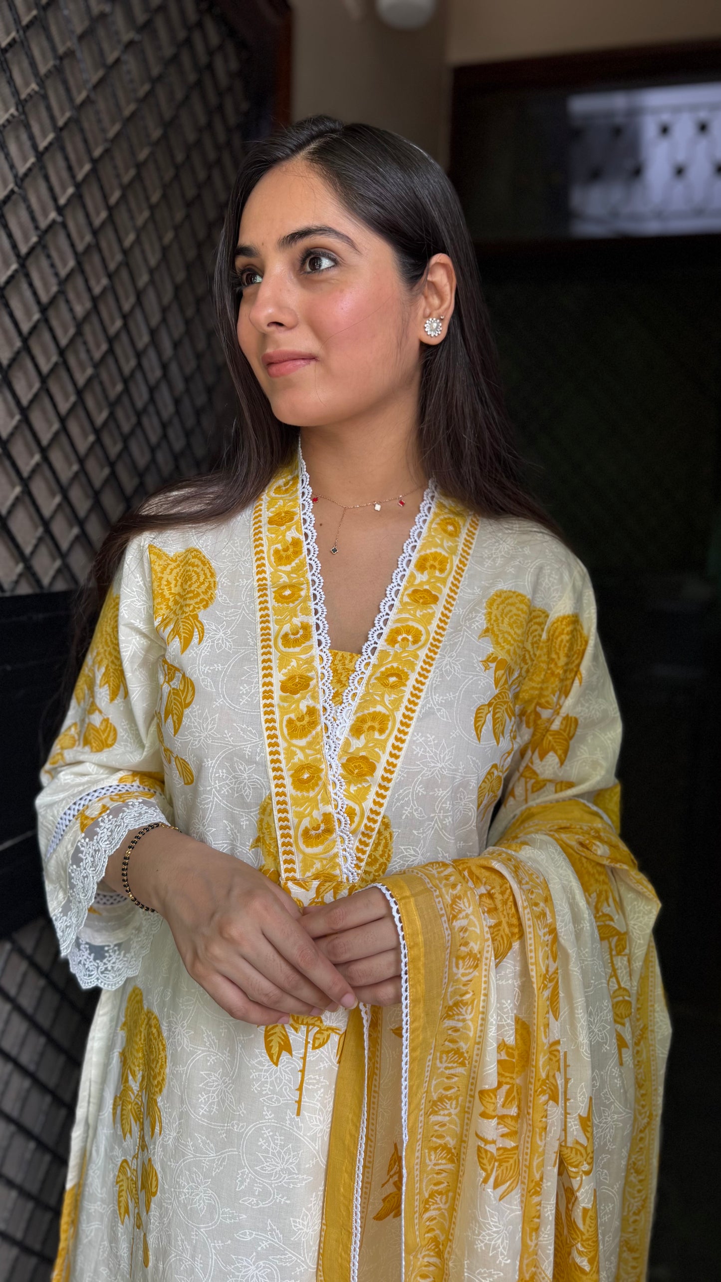 Ruhi Cream Mustard Lace Suit