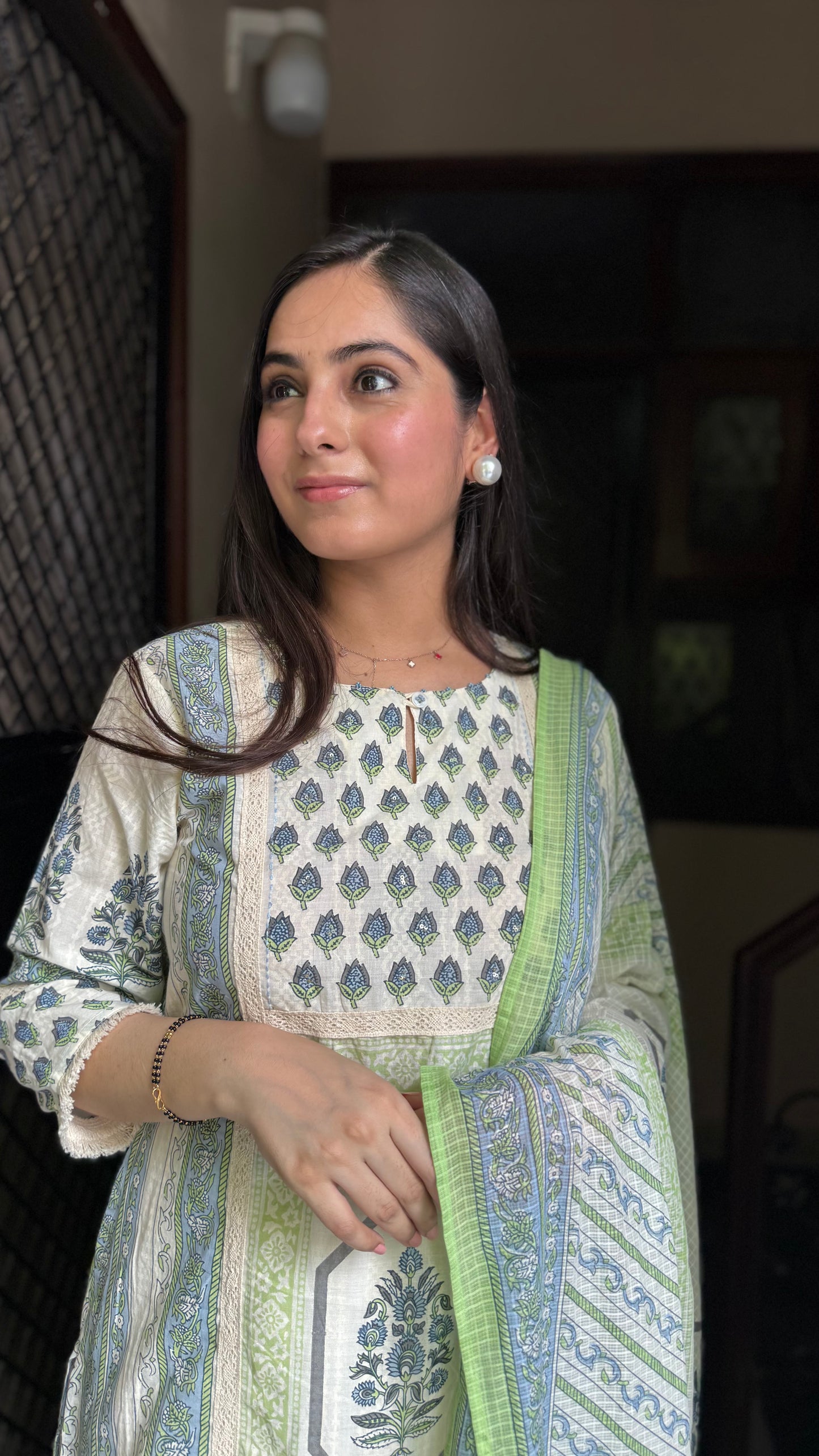 Meena Cream Blue Cotton Suit