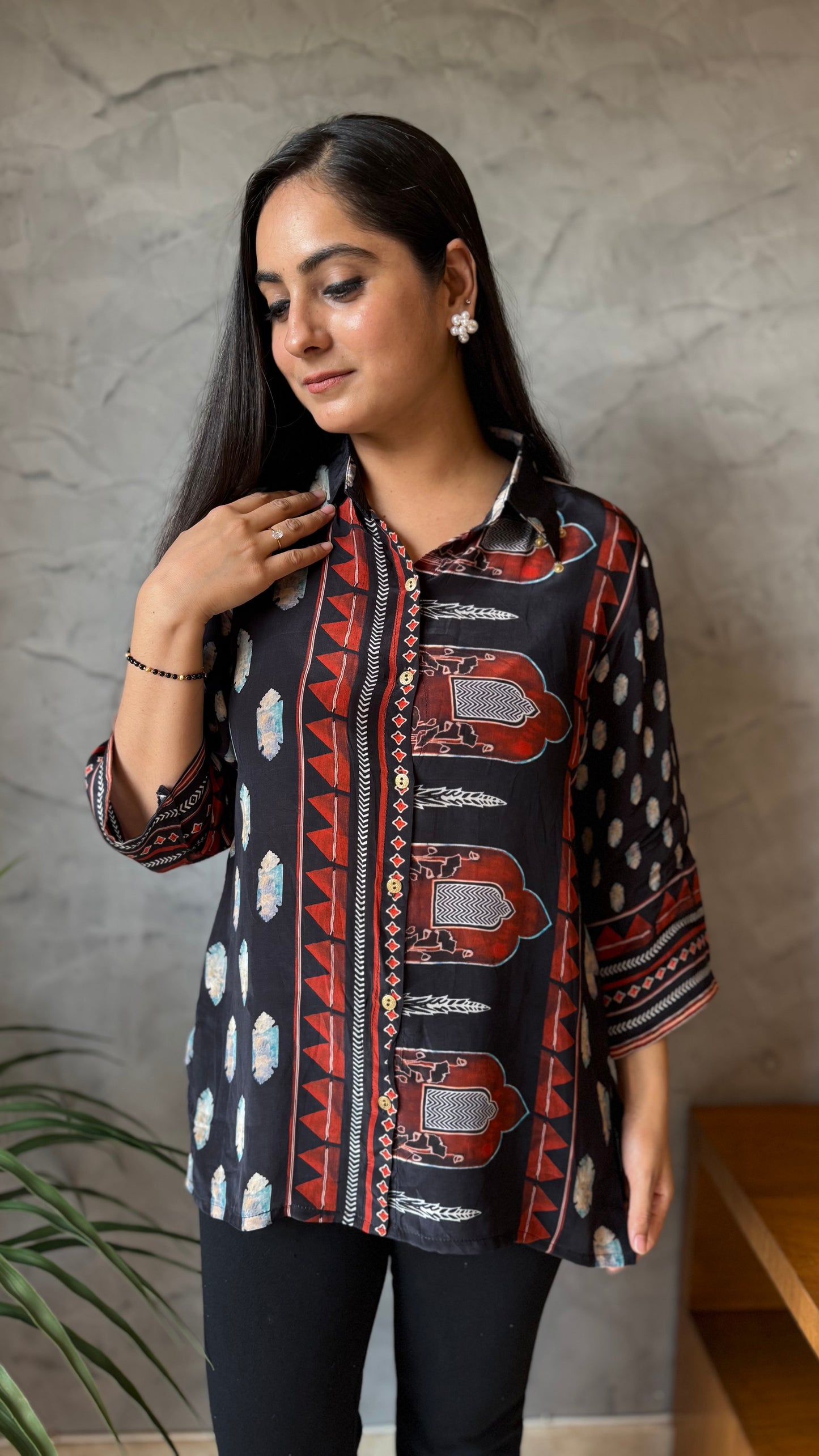 Midnight Printed Button-Down Top