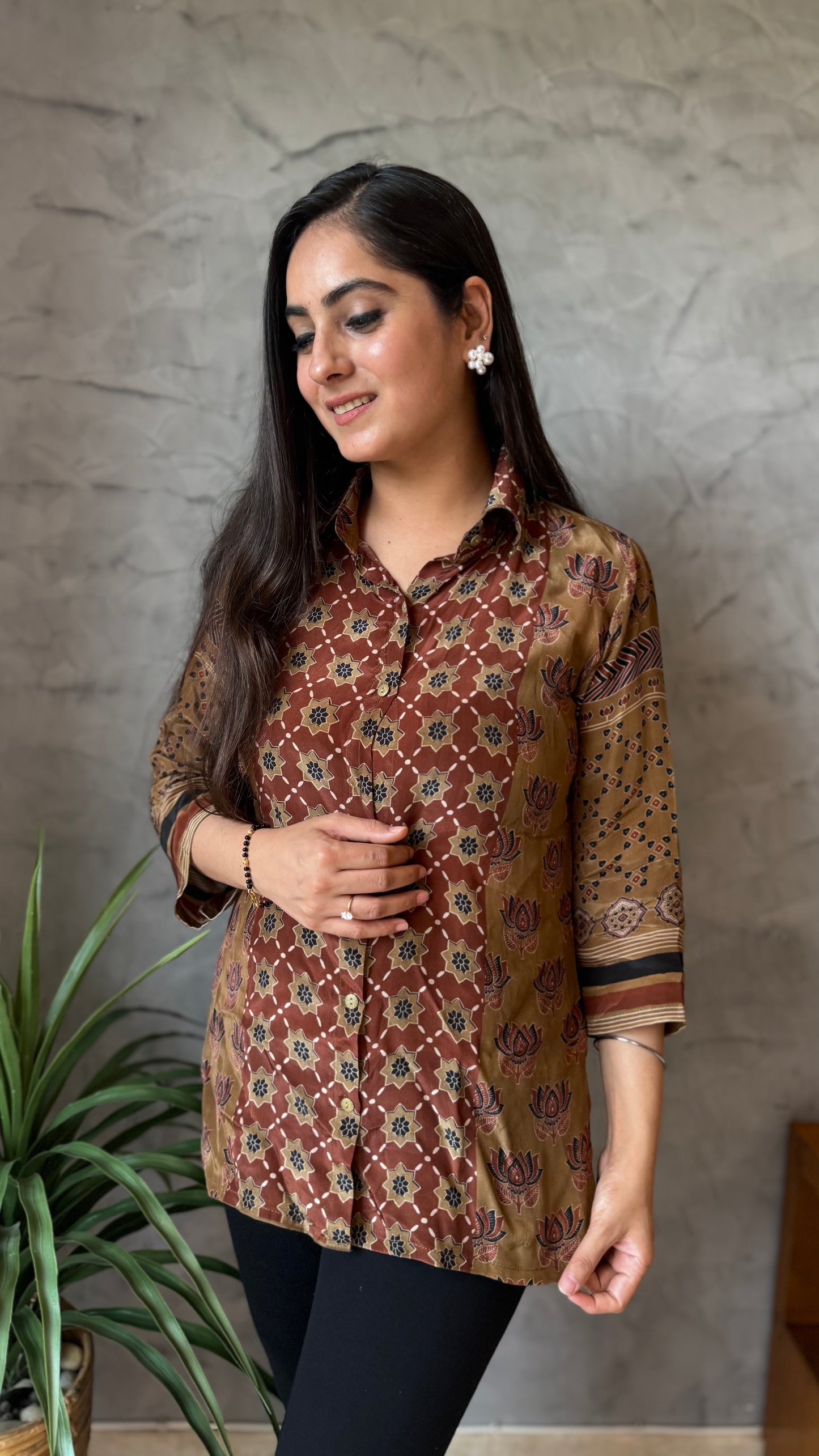 Brown Floral Printed Button-Down Top