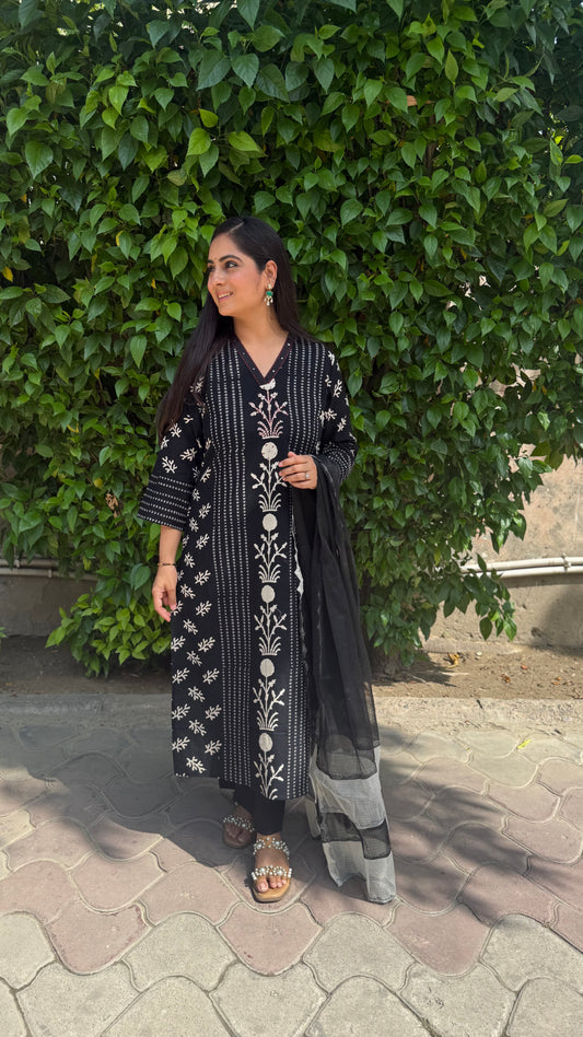 Elena Black Botanical Suit Set