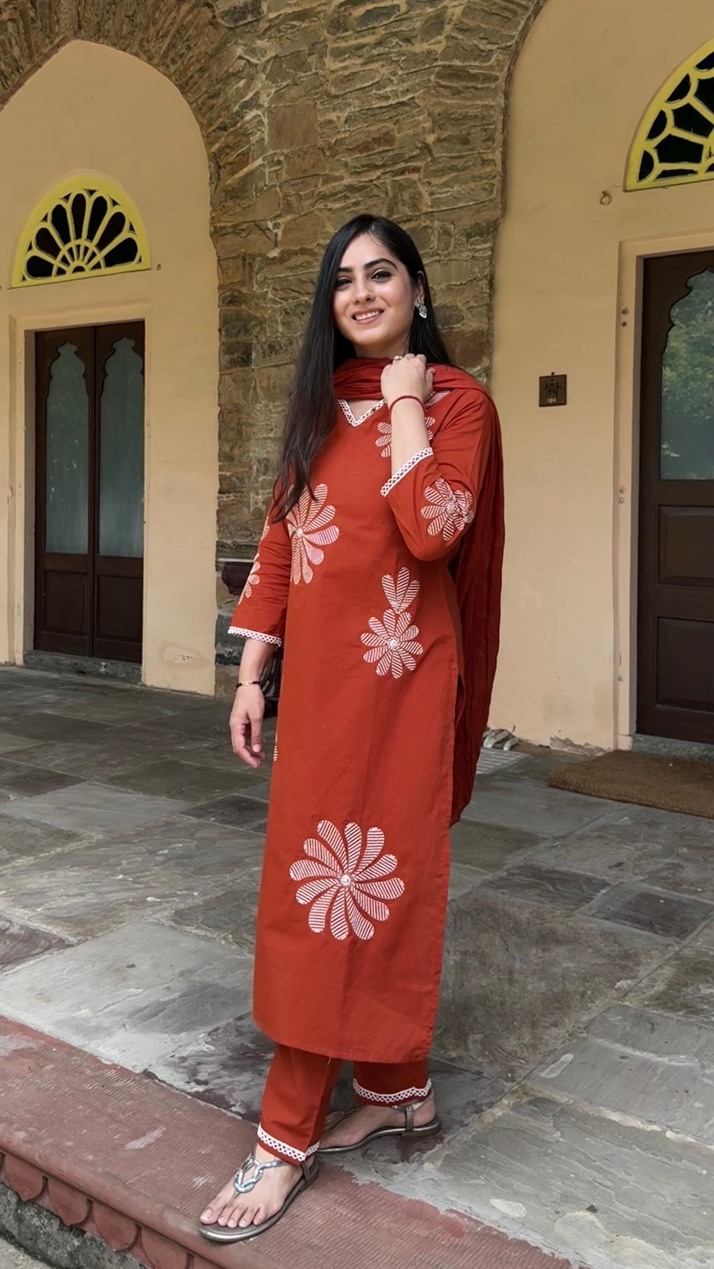 Orange Floral Embroidered Suit Set