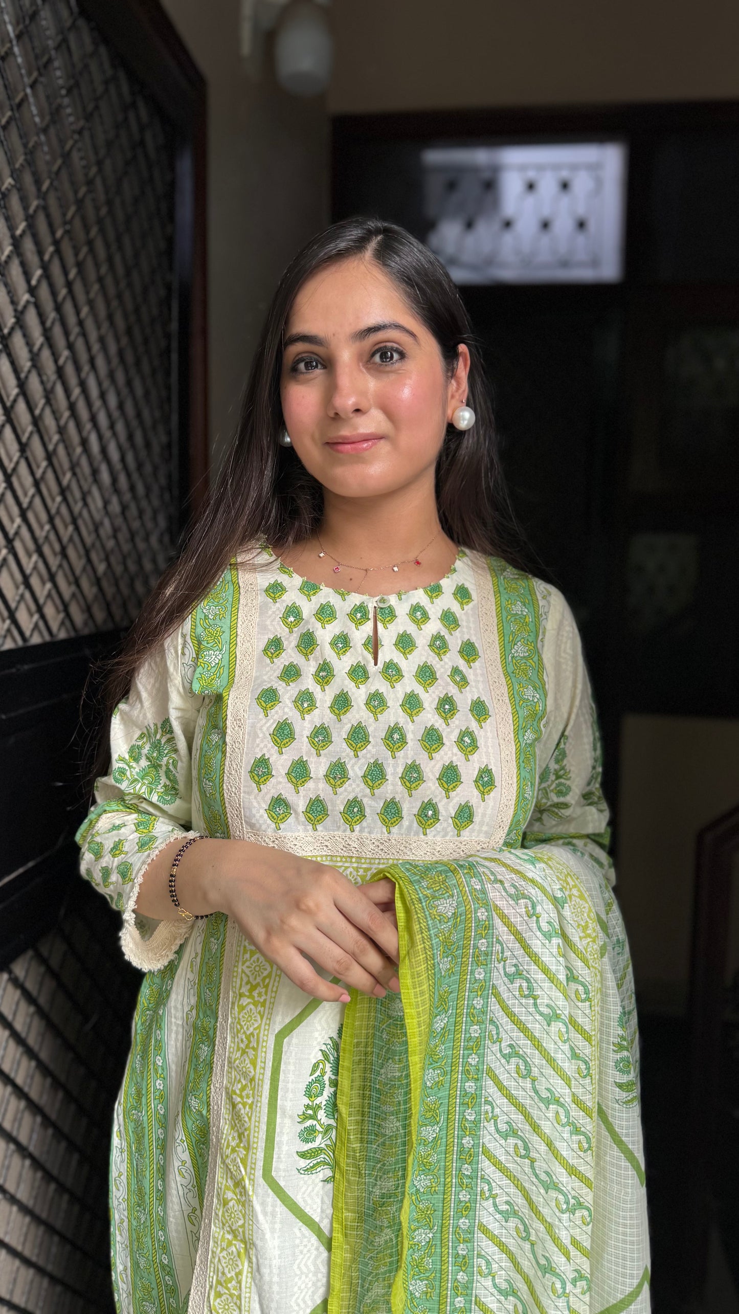 Meena Cream Green Cotton Suit