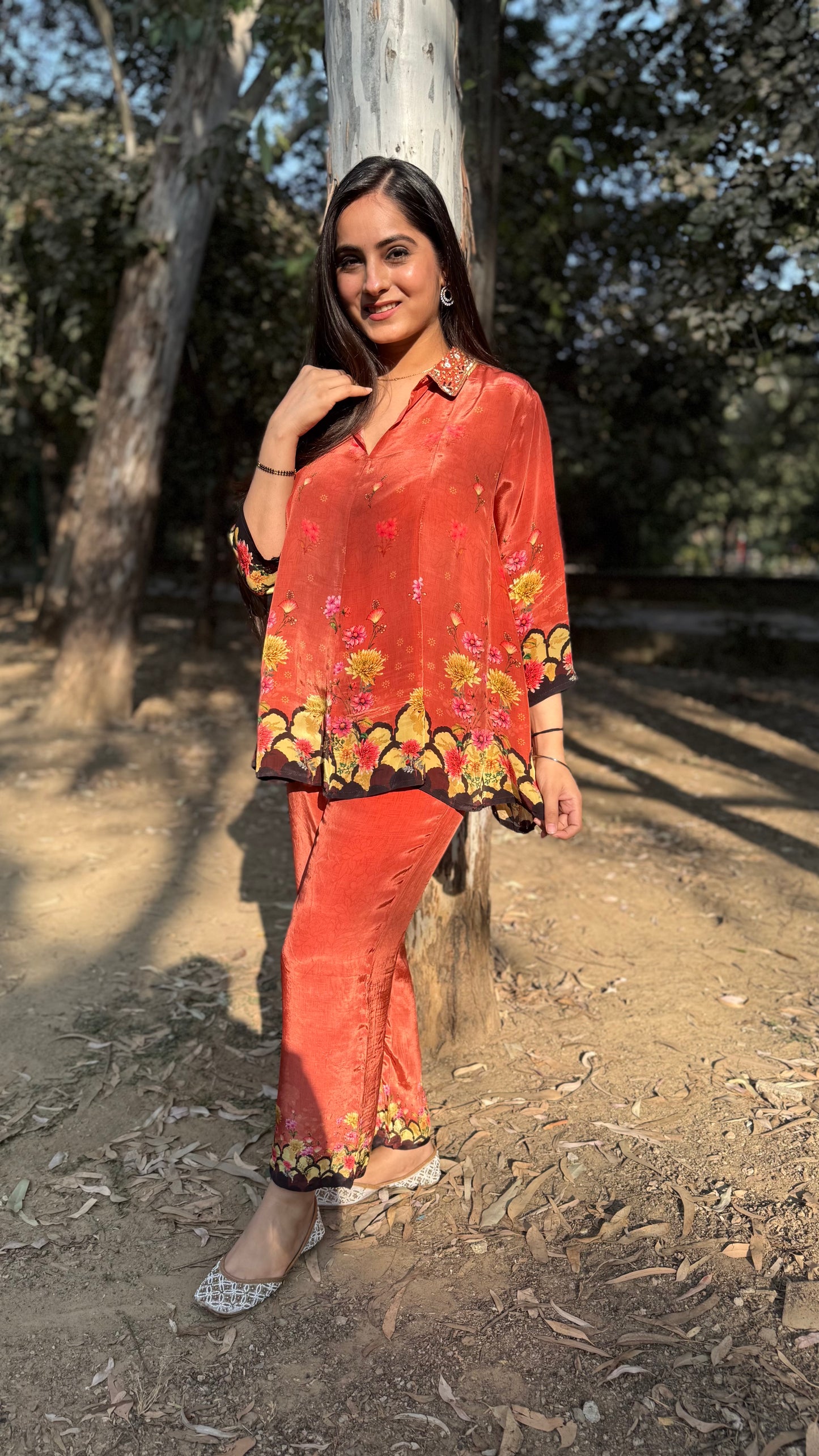 Alisha Brick Orange Flared Coord Set