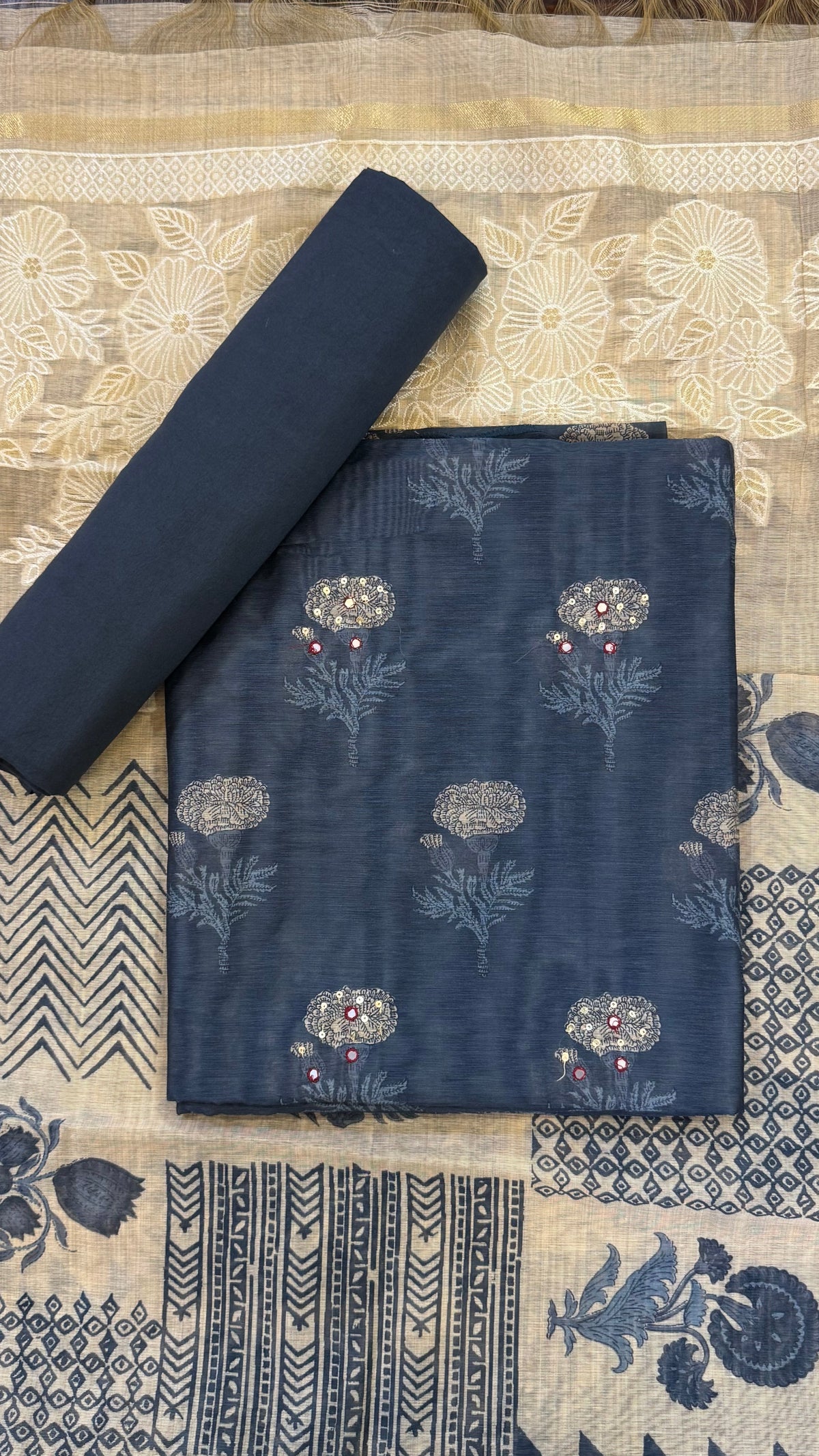 Anika Marigold Motif Unstitched Suit