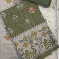Inaya Olive Green Ikkat Unstitched Suit