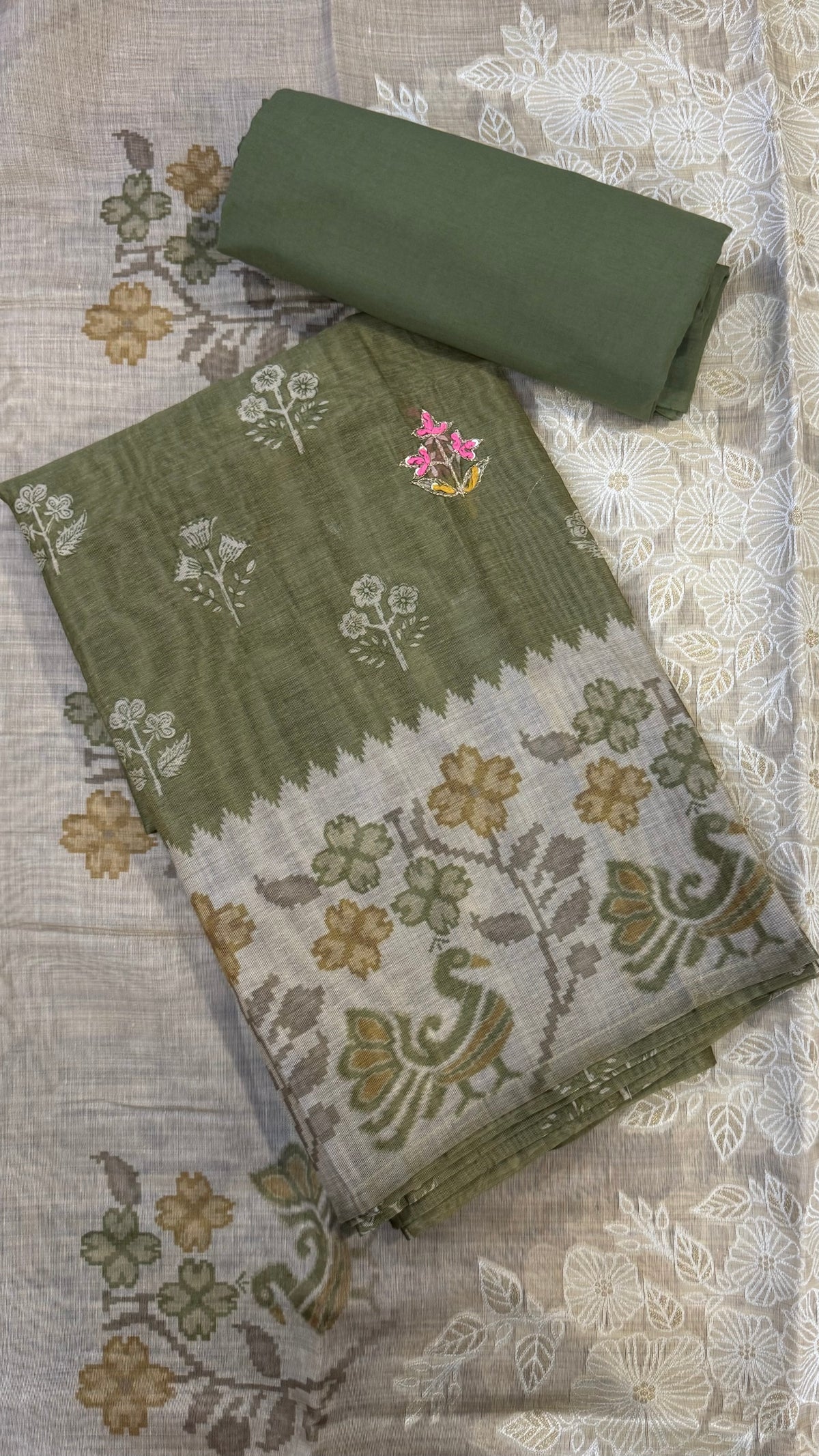 Inaya Olive Green Ikkat Unstitched Suit
