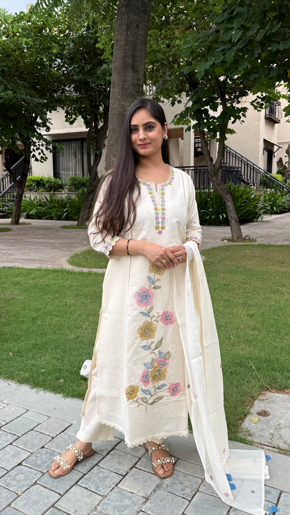 Saira Ivory Floral Embroidered Suit