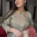 Sneha Grey Peach Embroidered Suit