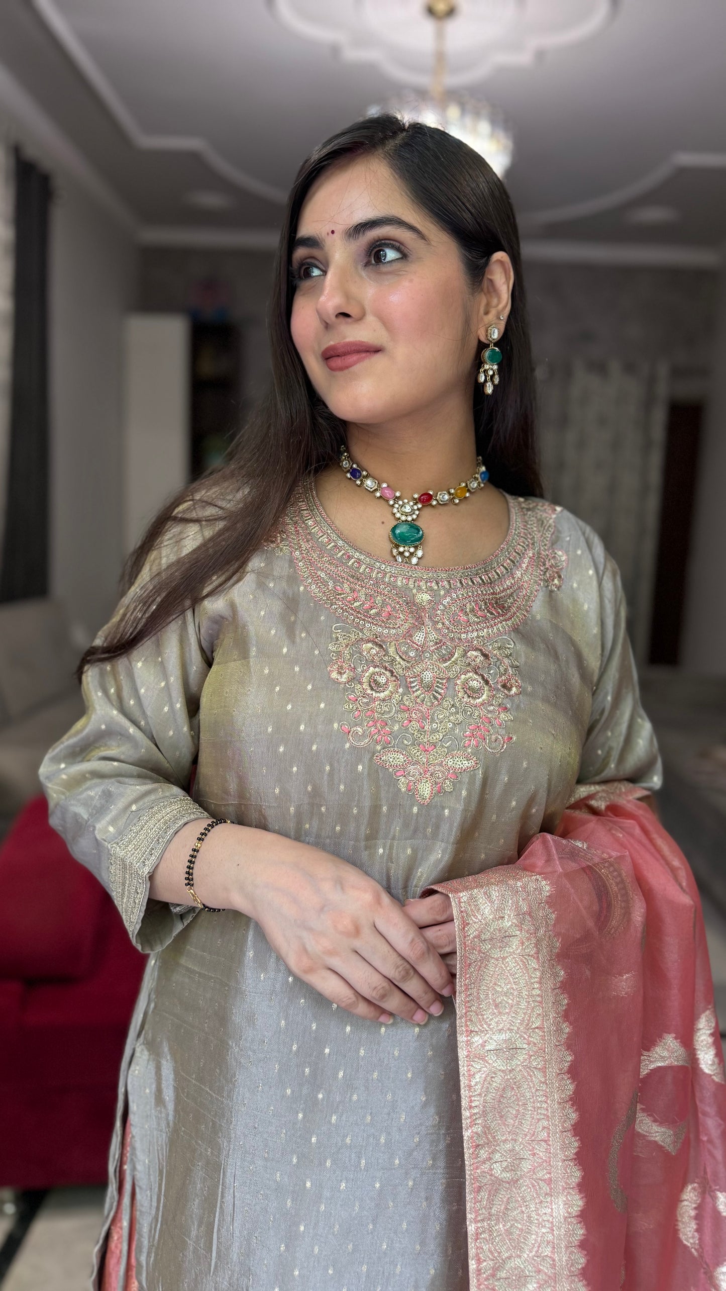 Sneha Grey Peach Embroidered Suit