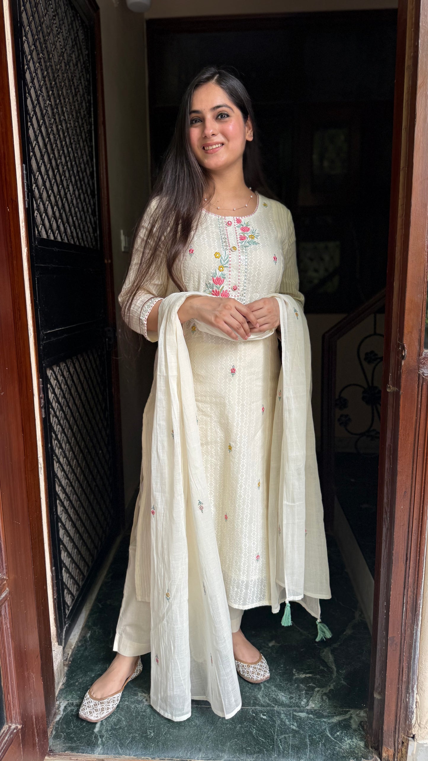 Ruhi Cream Schiffli Suit