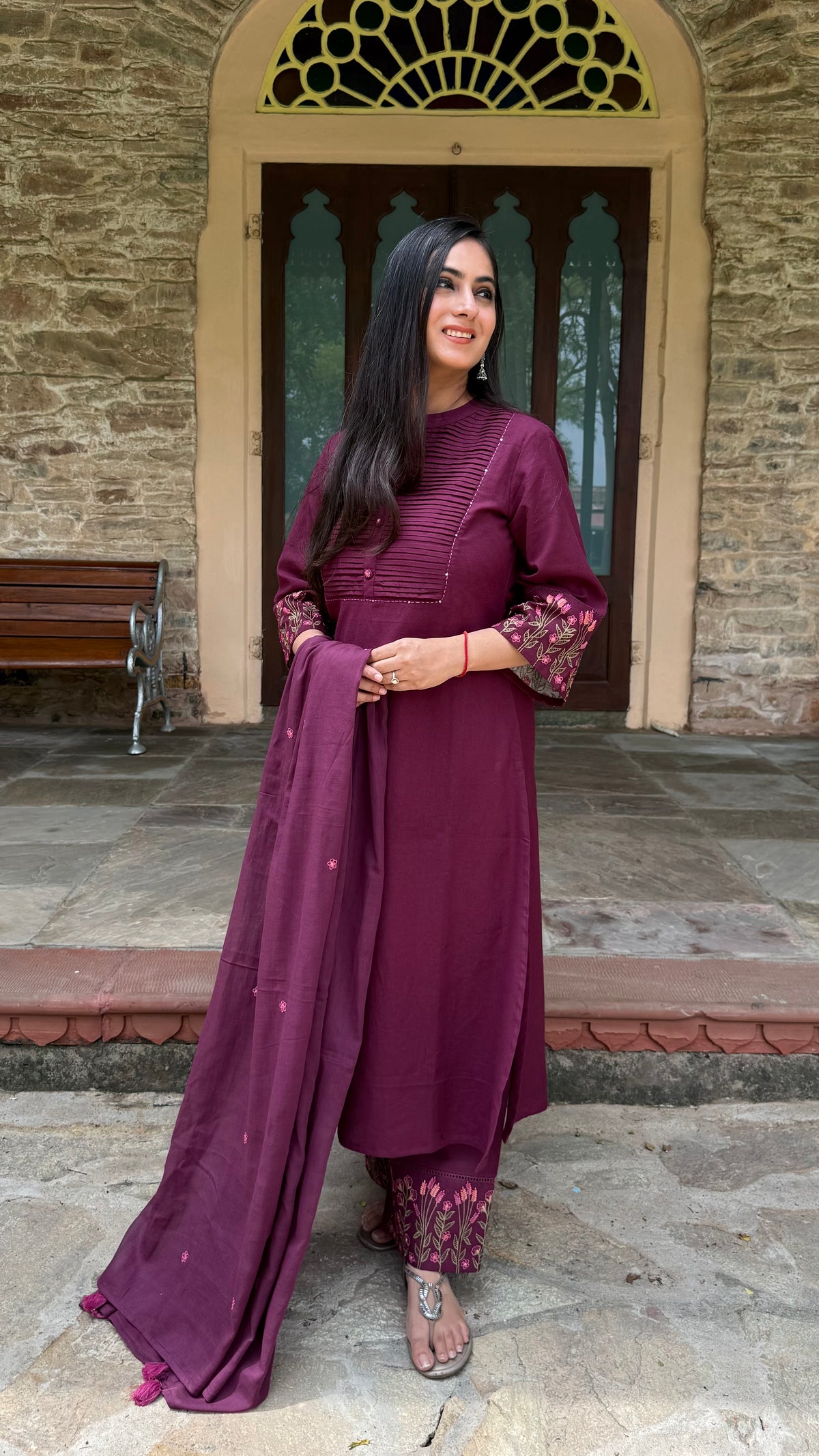 Meher Wine Pintuck Suit