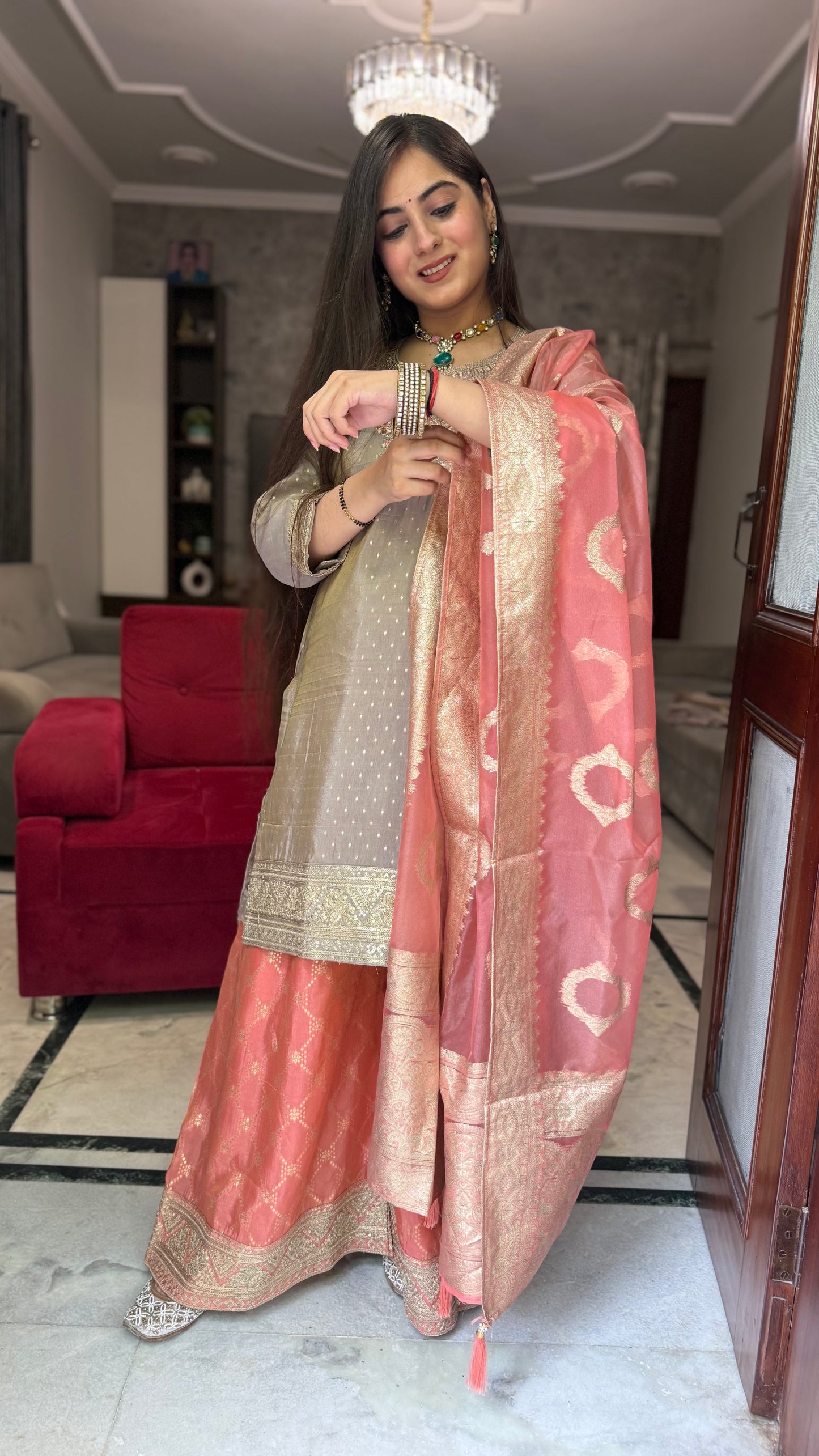 Sneha Grey Peach Embroidered Suit
