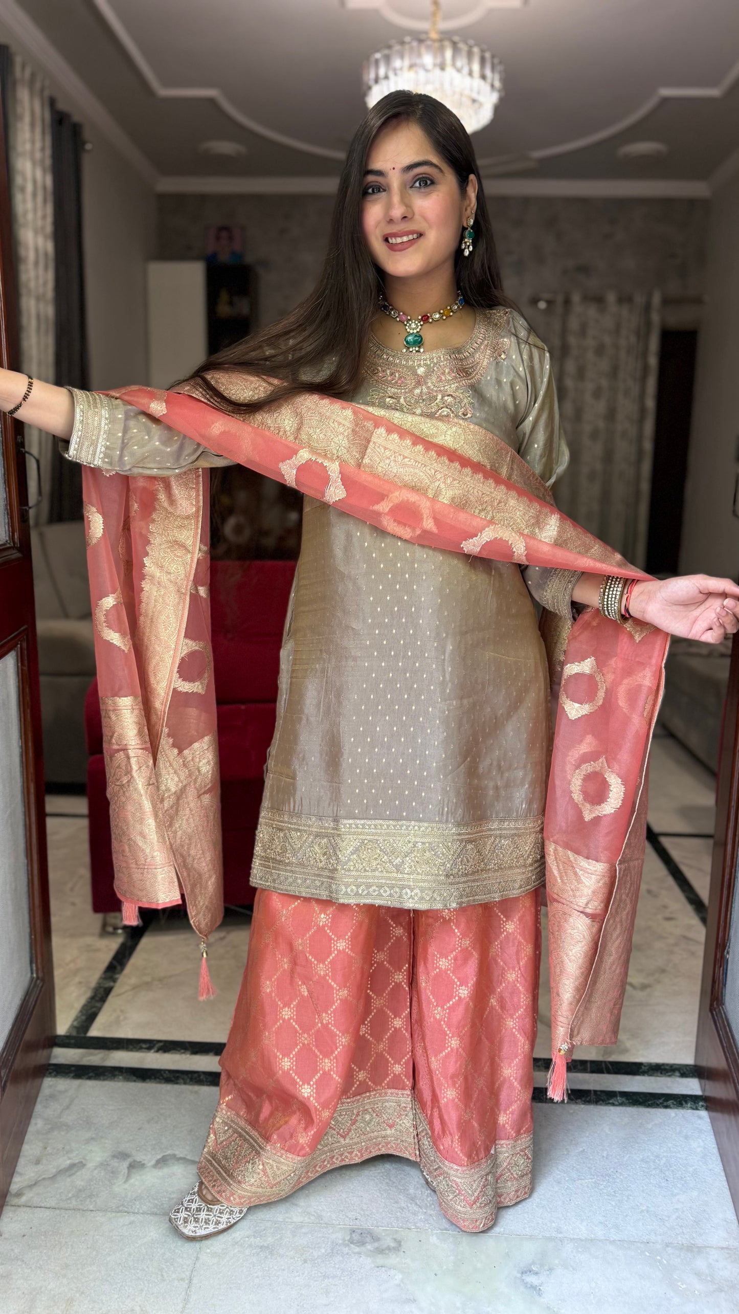 Sneha Grey Peach Embroidered Suit