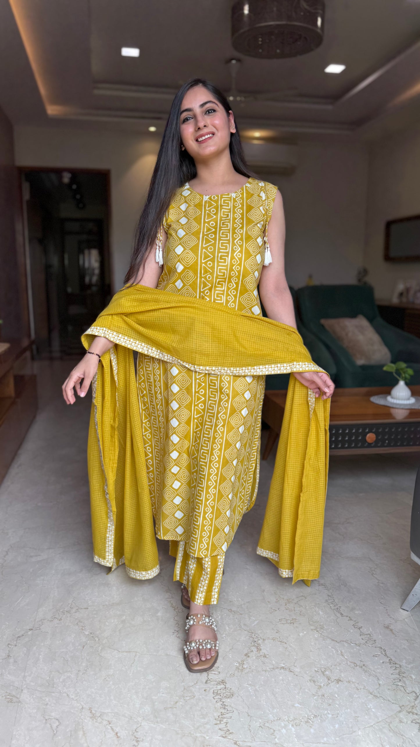 Shagun Mustard Sleeveless Cotton Suit