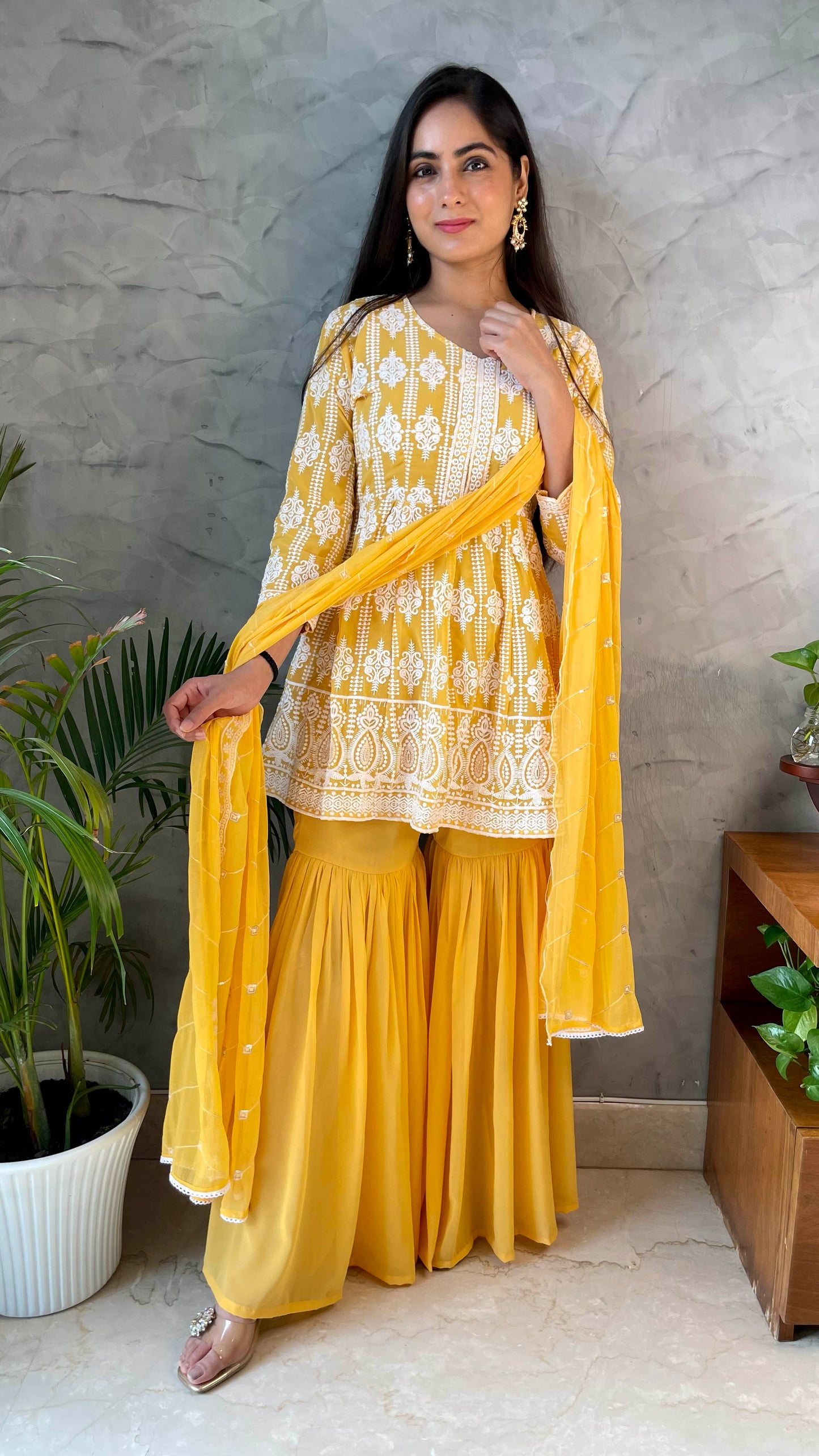 Yellow Georgette Embroidered Sharara Suit