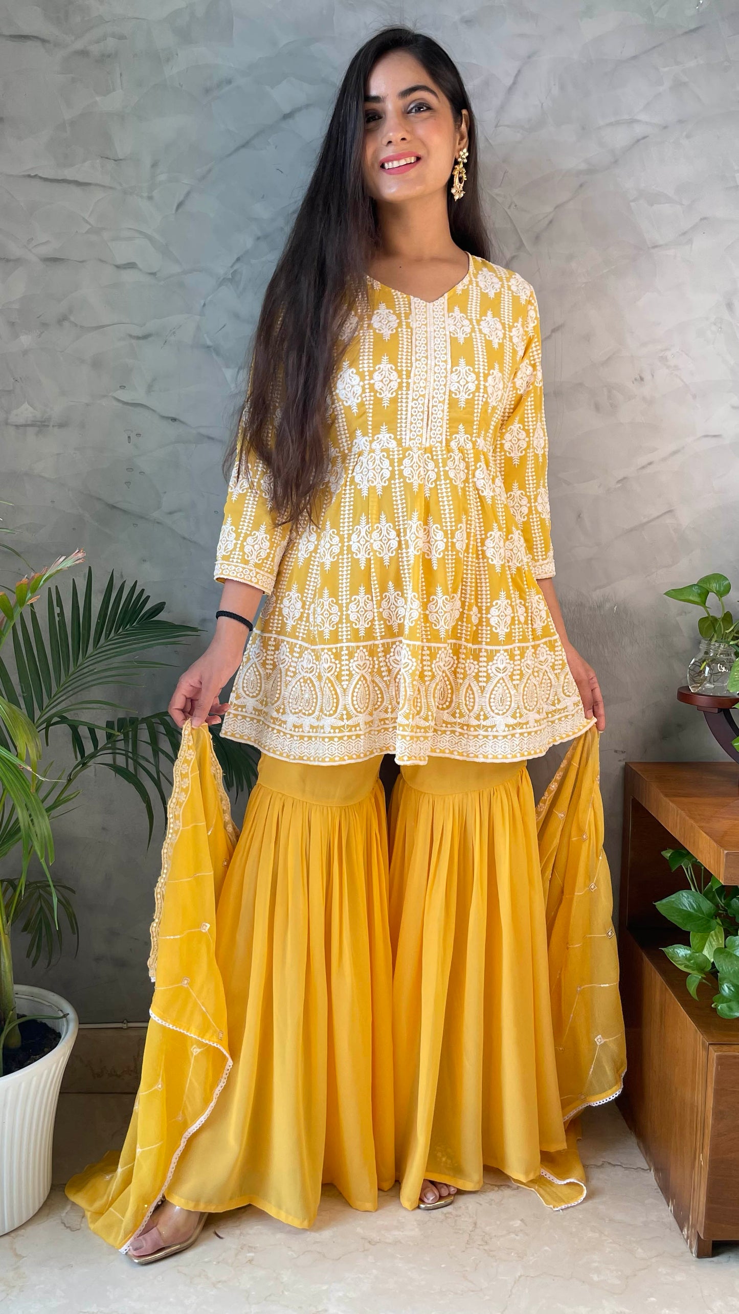 Yellow Georgette Embroidered Sharara Suit