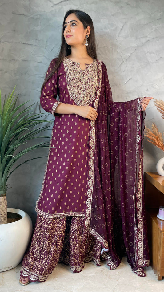 Wine Embroidered Sharara Suit