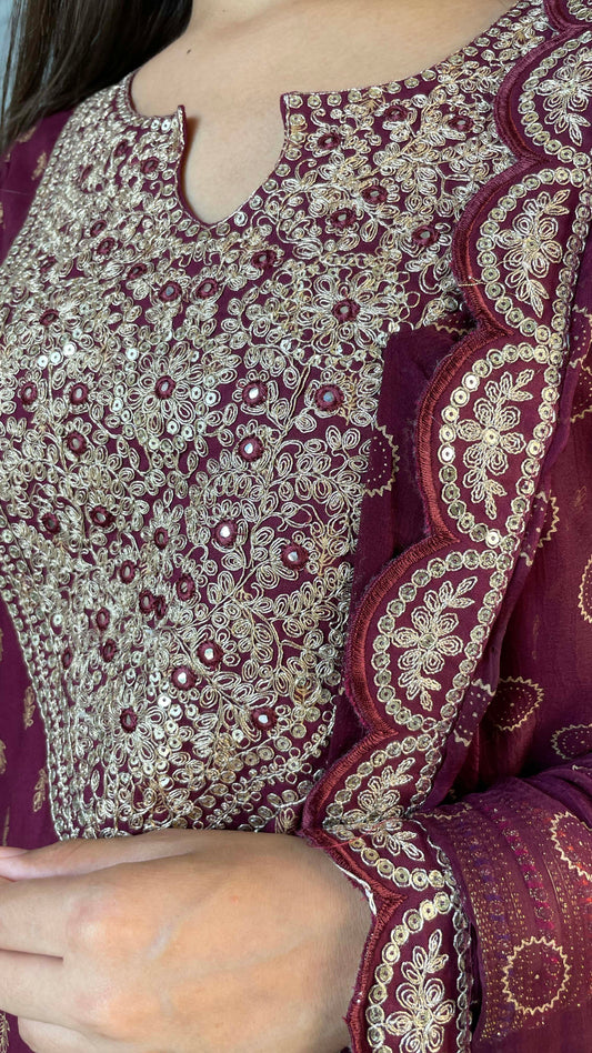 Wine Embroidered Sharara Suit