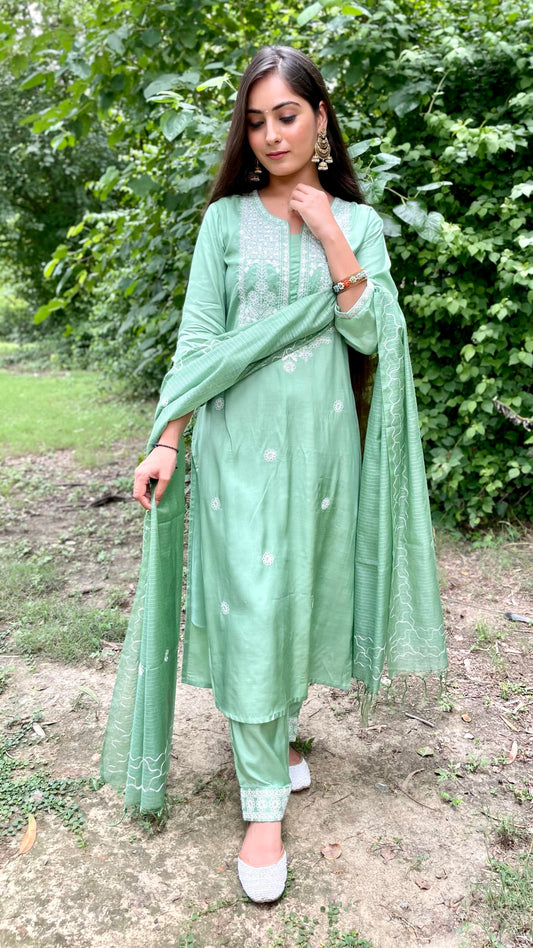 Green Muslin Embroidered Suit