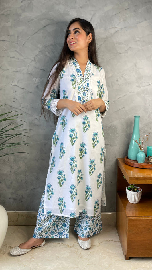 White Floral Kurta Palazzo Set